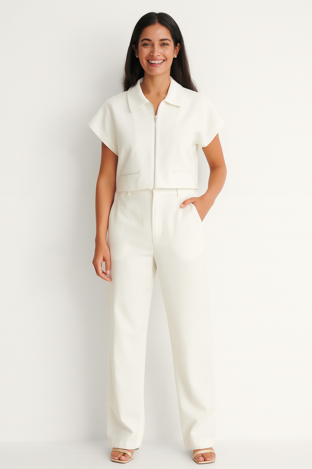 Dwuczęściowy damski garnitur z bluzką na zamek i spodniami