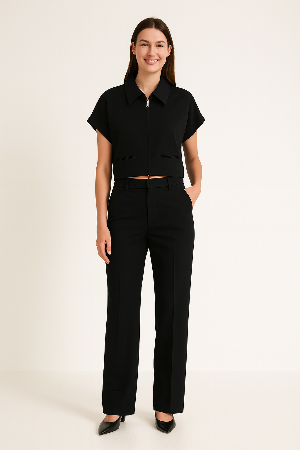 Dwuczęściowy damski garnitur z bluzką na zamek i spodniami