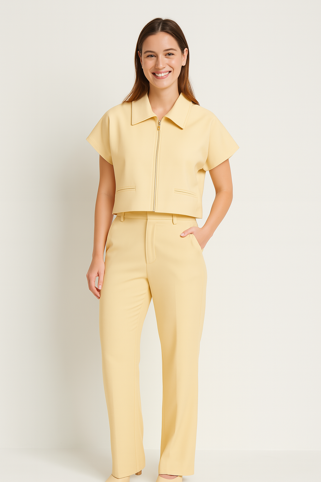 Dwuczęściowy damski garnitur z bluzką na zamek i spodniami