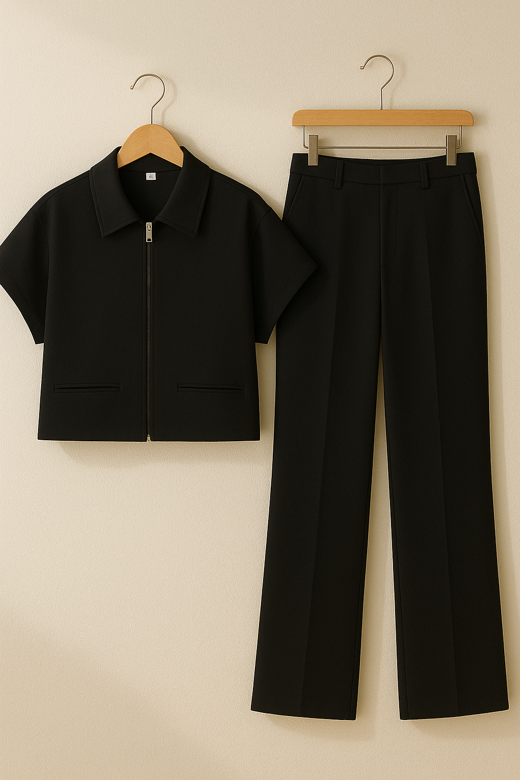 Dwuczęściowy damski garnitur z bluzką na zamek i spodniami