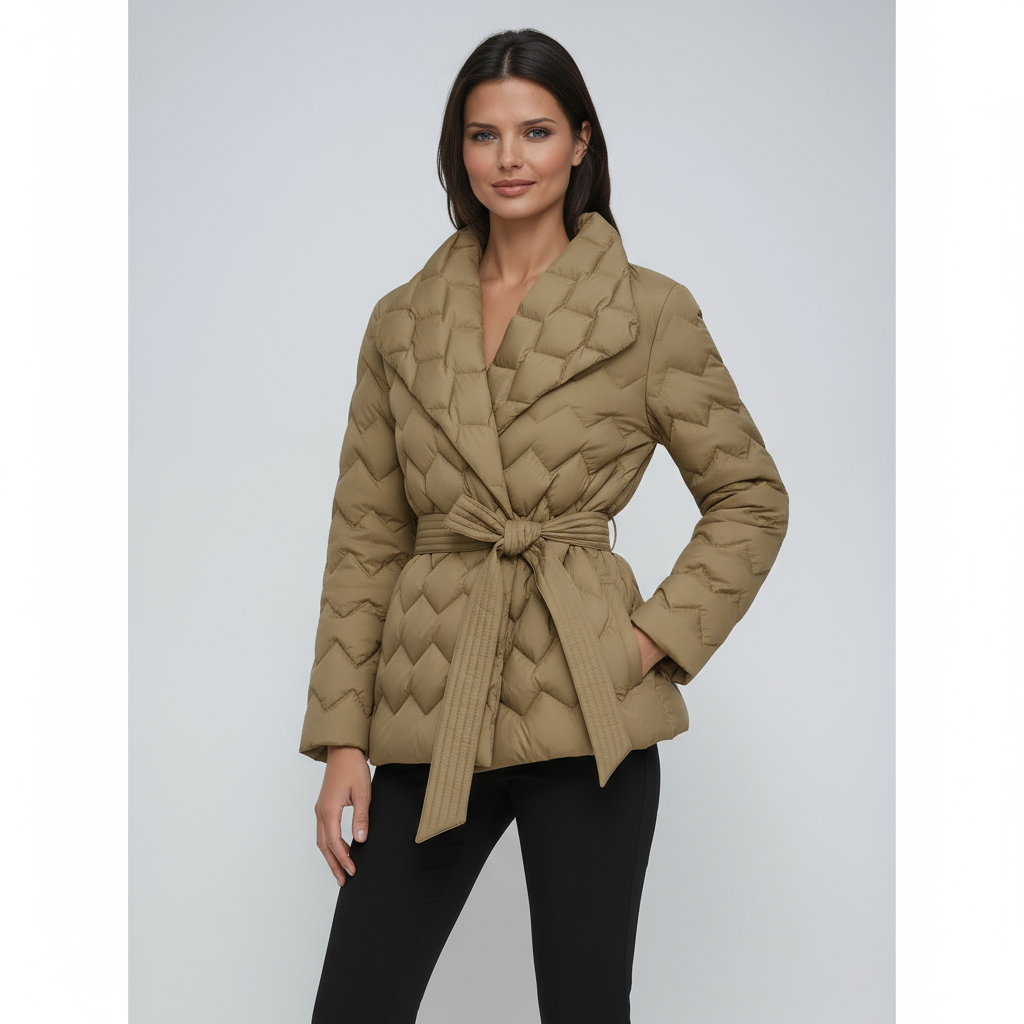 Damska kurtka zimowa - pikowana z paskiem i eleganckim krojem