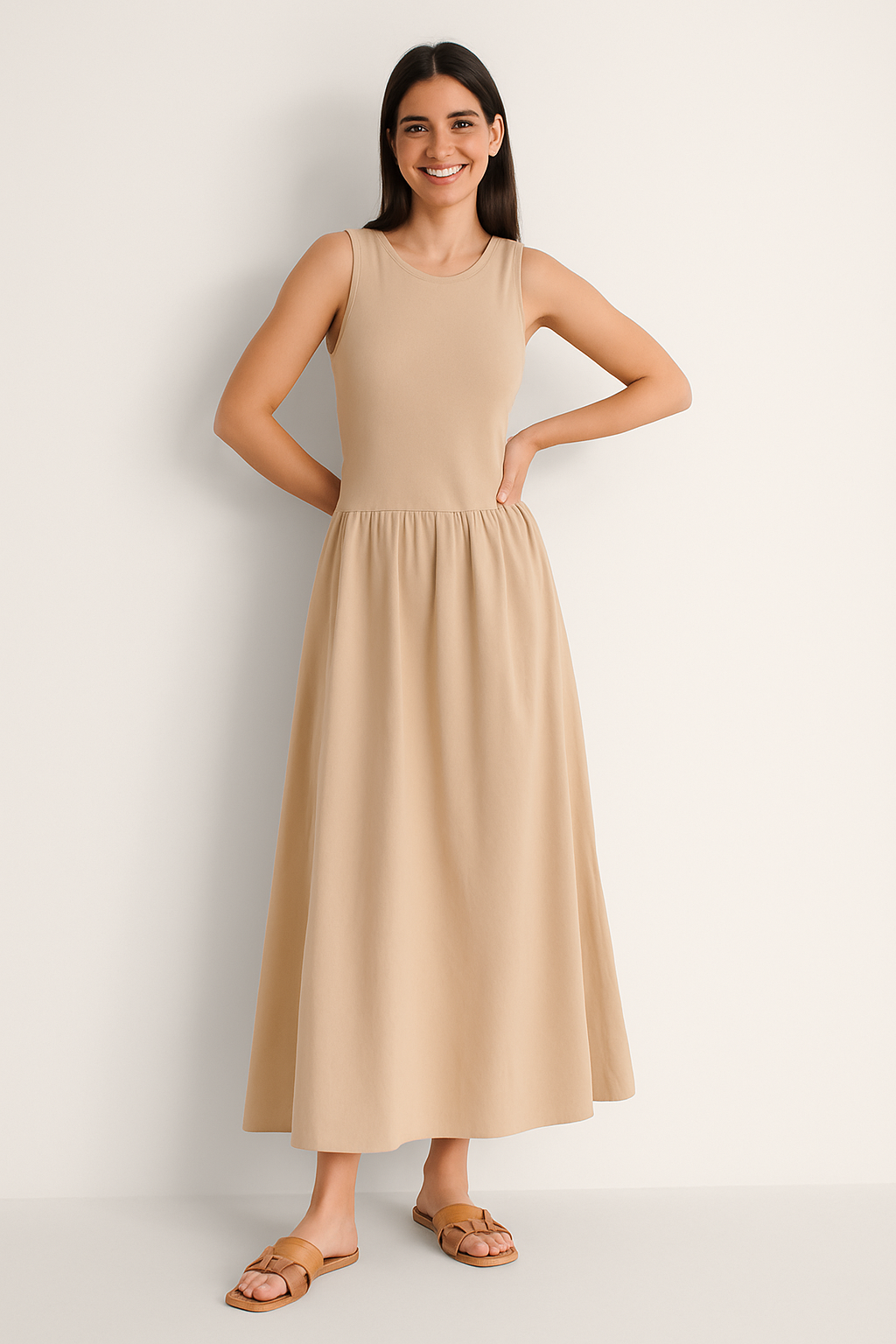 Krótka Sukienka Midi z Okrągłym Dekoltem