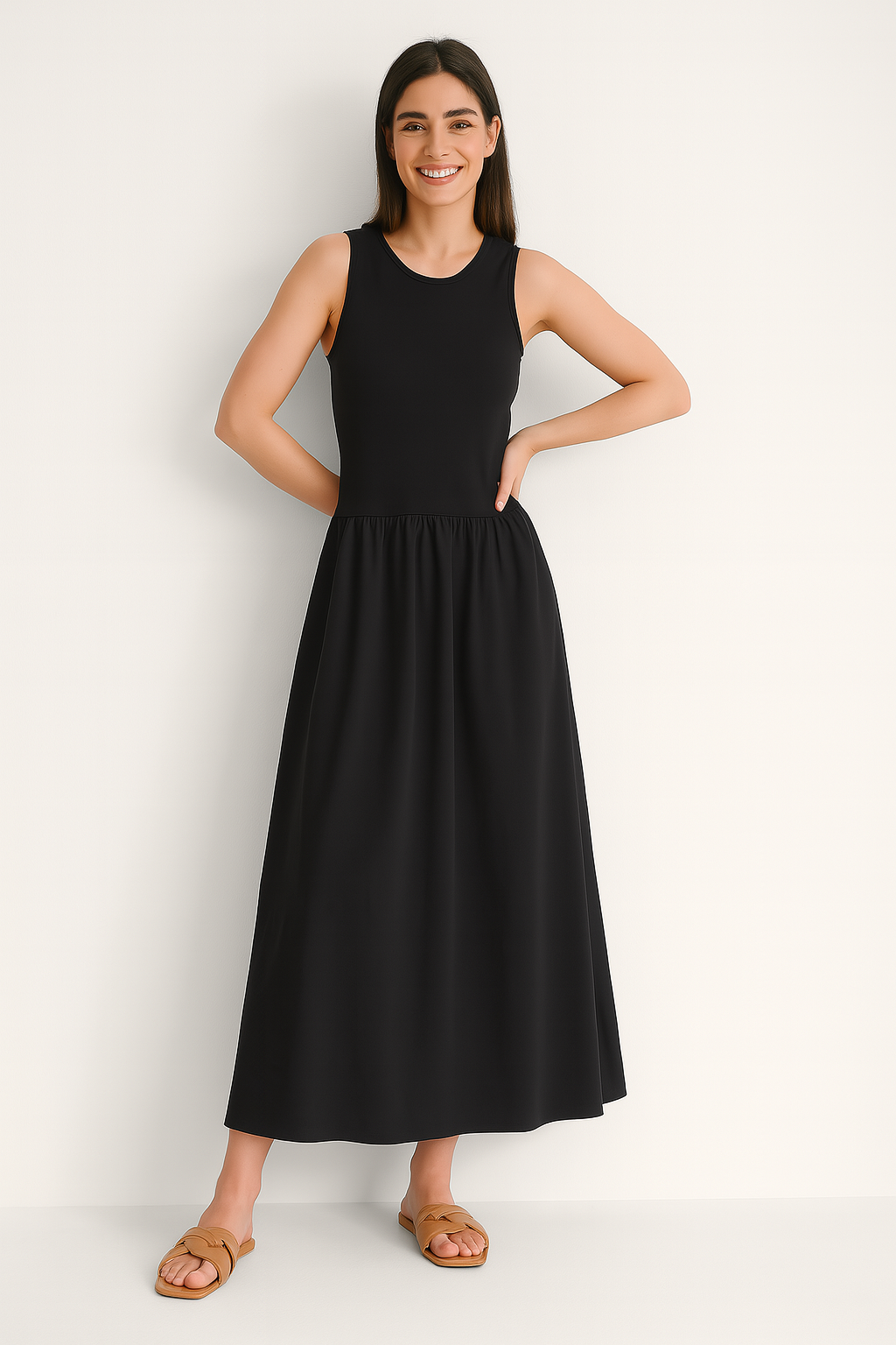 Krótka Sukienka Midi z Okrągłym Dekoltem