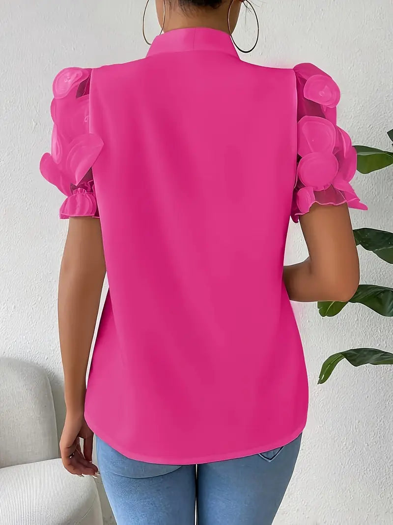 Mode Outlet | Elegancka Bluzka z Detalem Wstążki i Rękawami z Siateczki