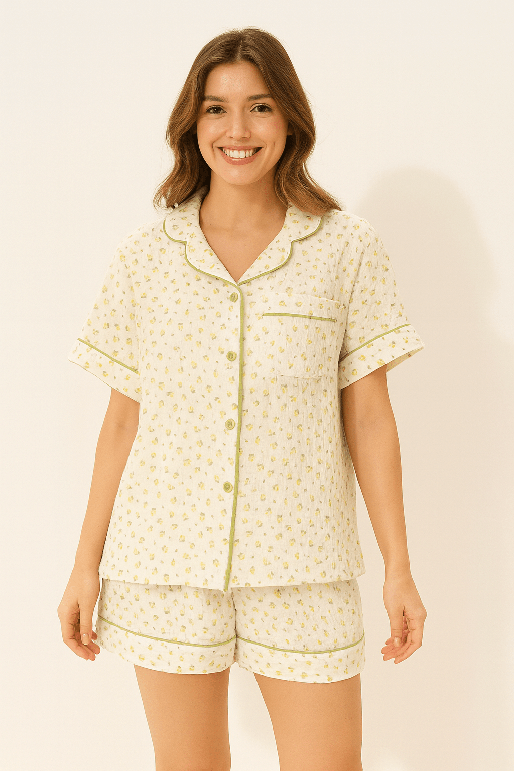 Damski krótki zestaw piżam z nadrukiem owoców – miękki i przewiewny na ciepłe noce